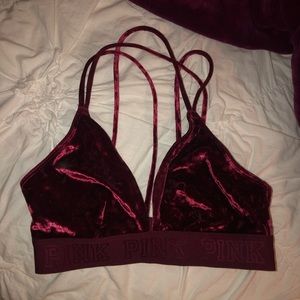 Maroon, velvet bralette with halter straps.